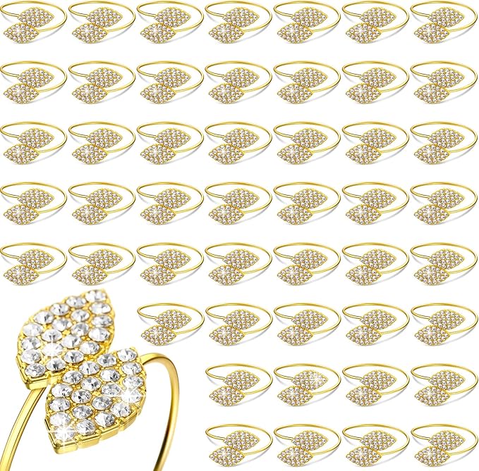 Hotop 150 Pcs Napkin Rings Gold Table Decorations, Elegant Bling Leaves Napkin Rings, Rhinestone Guest Towels Buckle for Wedding Gold Party, Thanksgiving Christmas Dinner Banquet Table Decoration