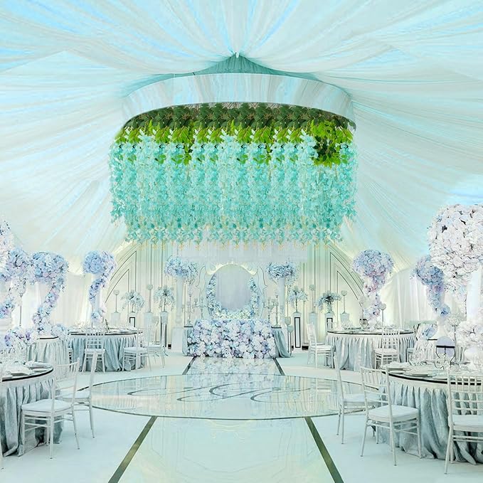 12 Pack Teal Wisteria Hanging Flowers, 3.44 Ft Fake Hanging Flowers, Artificial Wisteria Garland Vines for Wedding Room Backdrop Outdoor Patio Garden Decoration