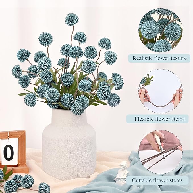 Waipfaru 10pcs Fake Silk Pompon Mum Artificial Flowers, Bulk Faux Mini Chrysanthemums with 2pcs Eucalyptus Stems, for Centerpieces Wedding Fillers Champagne Arrangements Shower Decorations, Blue
