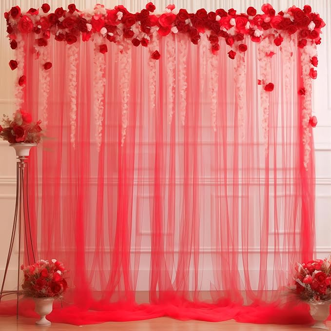 10x10 Red Tulle Backdrop Curtains for Parties, Sheer Backdrop Curtain Wedding Photo Background Drapes for Baby Shower Photography Birthday Party