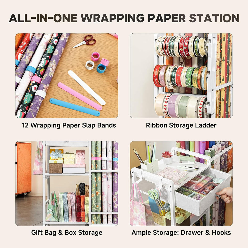 Aquzee Wrapping Paper Storage, Rolling Gift Wrap Station, 9 Adjustable Rod Design, Vertical Wrapping Paper Storage Cart, Ribbon Organizers and Gift Bag Storage, 12 PCS Slap Bands, White