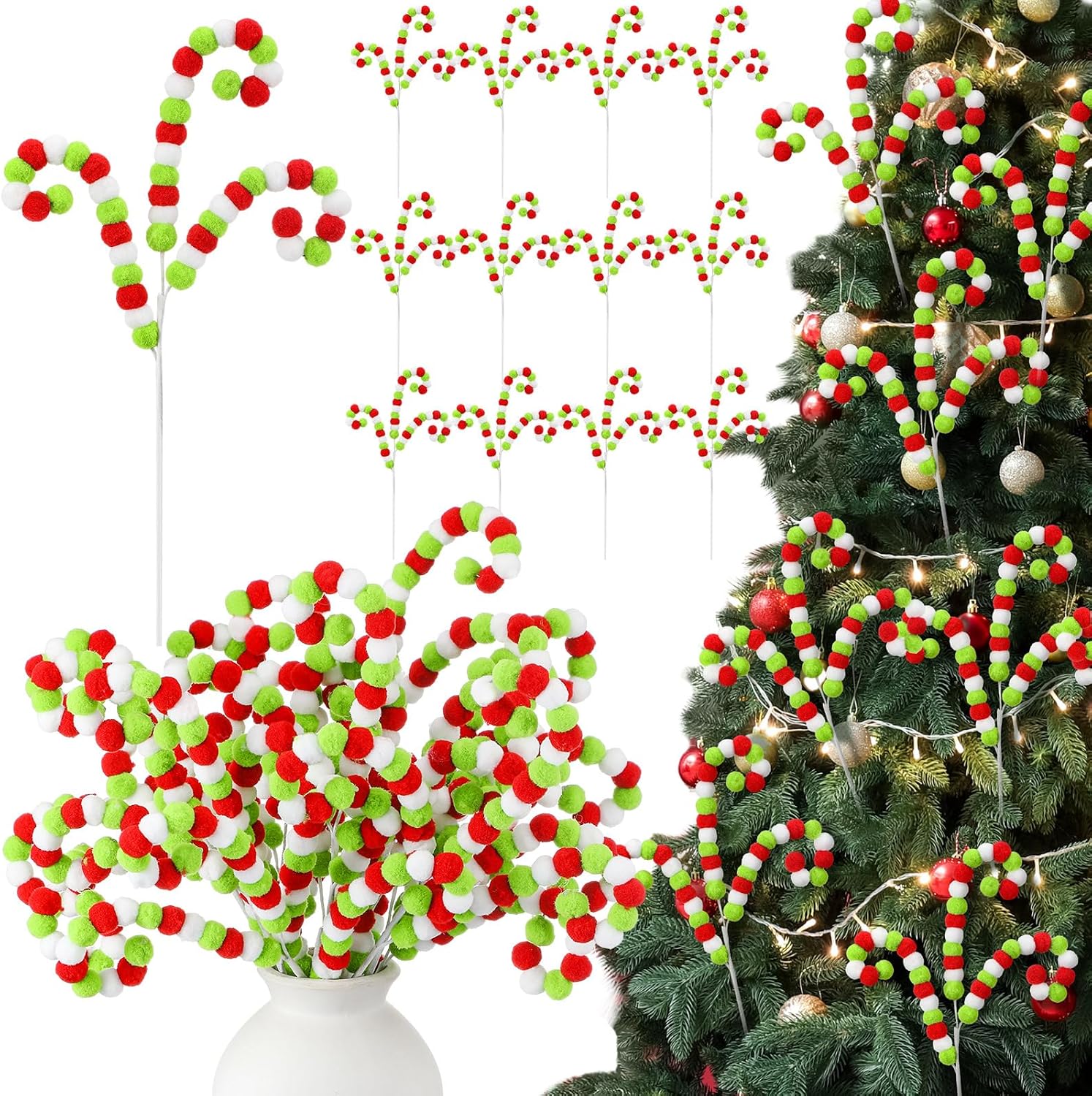 Gejoy 12 Pcs Christmas Tree Picks and Sprays White Red Green Christmas Picks 12'' Candy Cane Lime Green Pompom Peppermint Tree Topper Elf Ornament for Xmas Wreath Vase Filler Branches Decoration