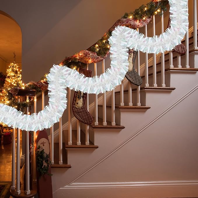 72 Feet Christmas Tinsel Garland Shiny Metallic Tinsel Twist Garland Streamers Ornaments Long Glitter Christmas Tree Hanging Decorations for Party Holiday Wedding Birthday Tree Wall Rail (White)