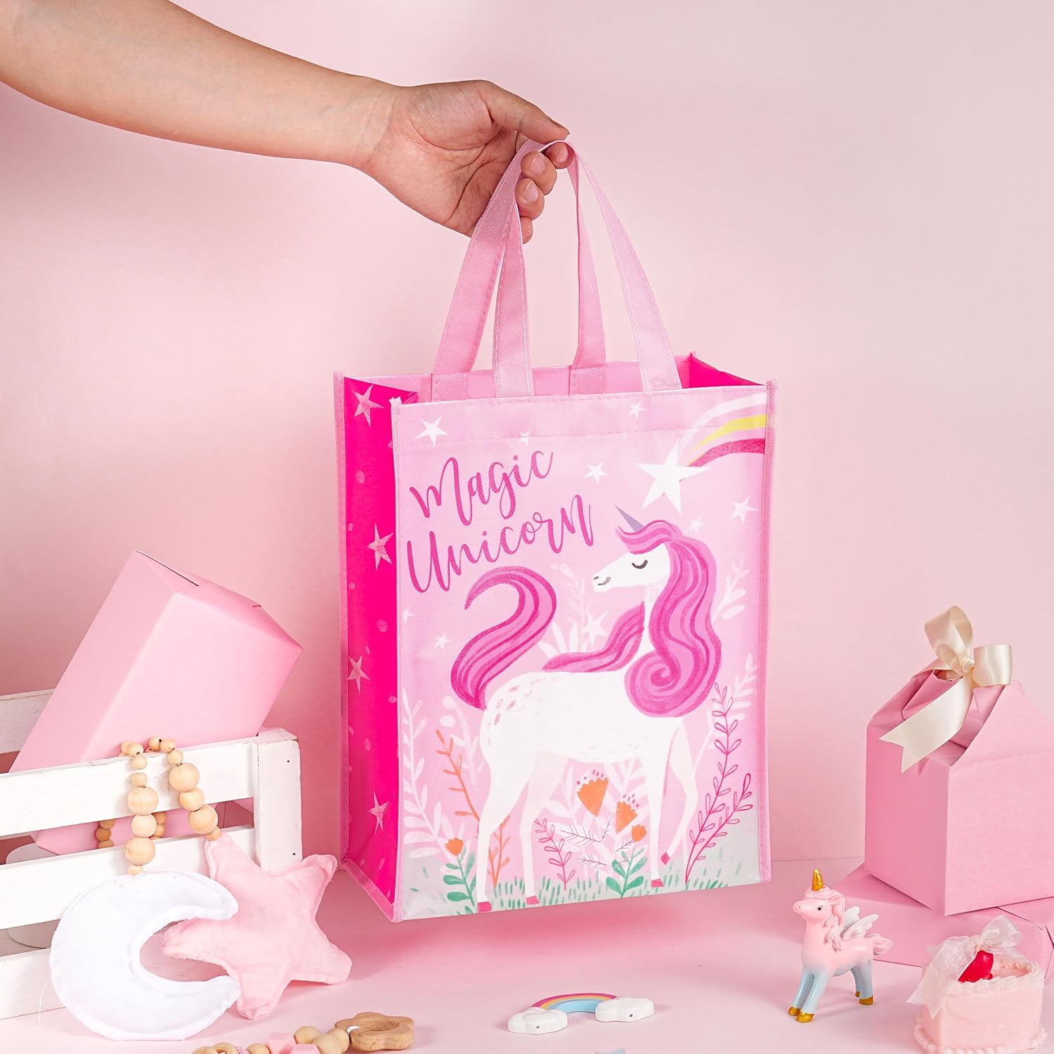 Loveinside Unicorn Reusable Gift Bag, Pink Magic Unicorn and Stars Design Medium Recycled Pink Gift Bag for Girls, Kids, Birthday, Baby Shower, Party Favor, 10" x 5" x 13", 1 Pcs
