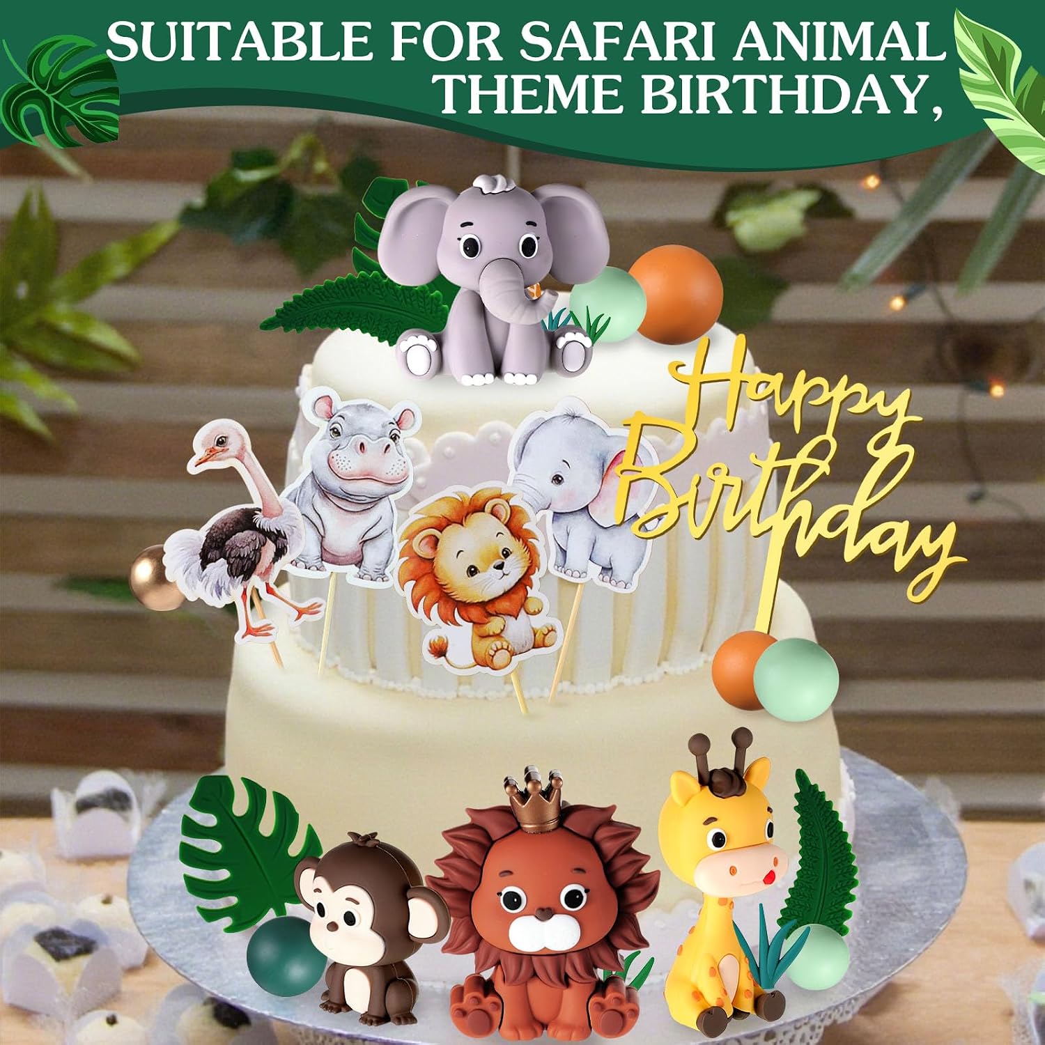 Tallew 42 Pcs Safari Jungle Animal Cake Toppers Wild One Lion Giraffe Elephant Monkey with Leaves Cake Decorations for Wild Zoo Birthday Baby Shower Party Supplies