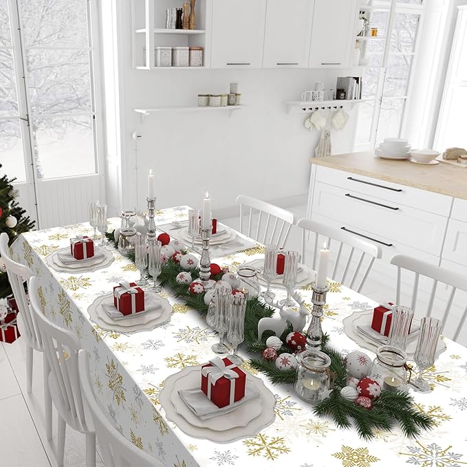 Jectivs 3Pcs Christmas Snowflake Party Tablecloths Decorations,Plastic White and Gold Table Cloth,Winter Rectangle Cover for New Year Birthday Baby Shower Holiday Decorations,54x108 inch