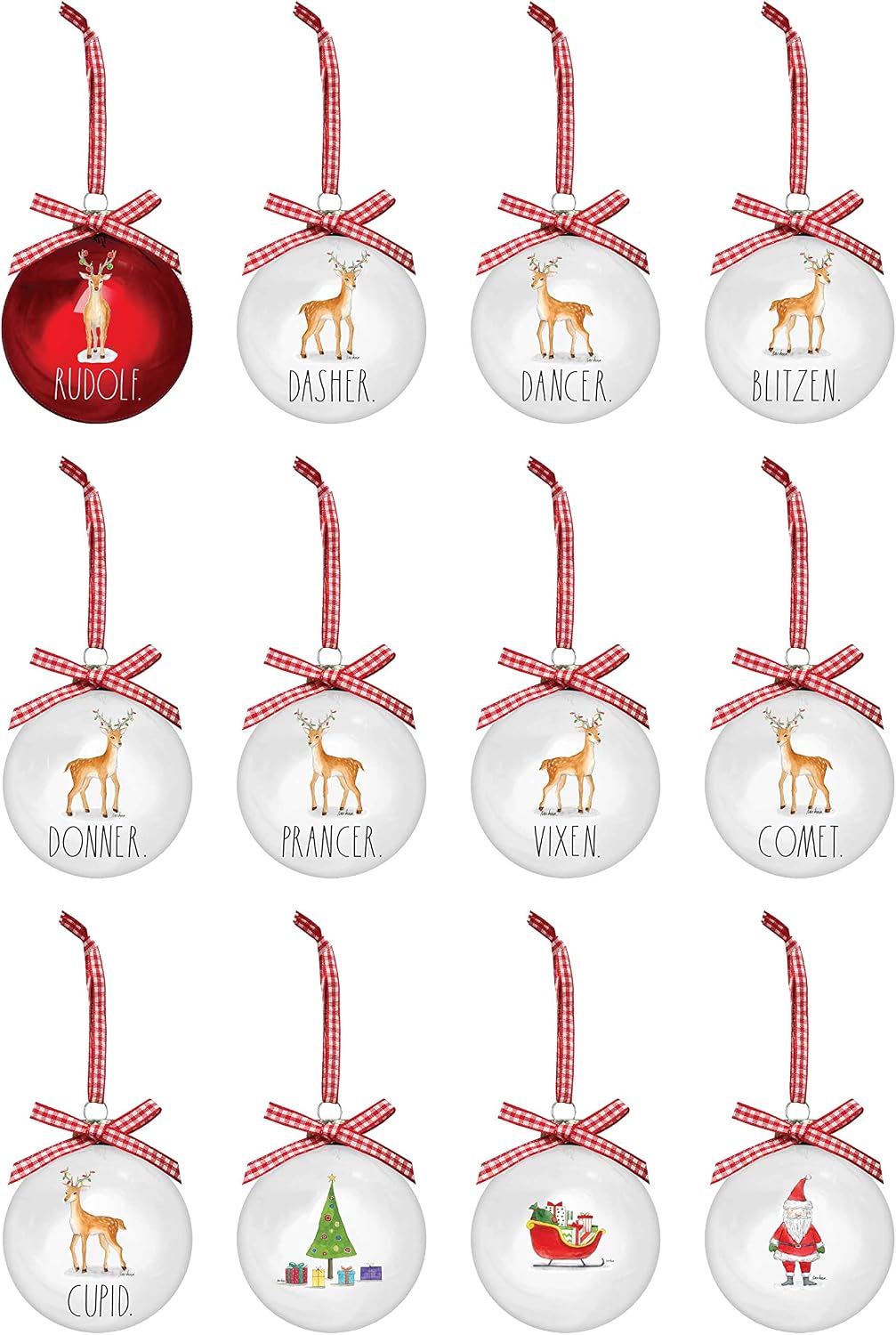 Rae Dunn Christmas Ornaments - Set of 12 Glass Balls with Cute Holiday Designs - 60mm / 2.36 Inch Hanging Decorations for Xmas Tree