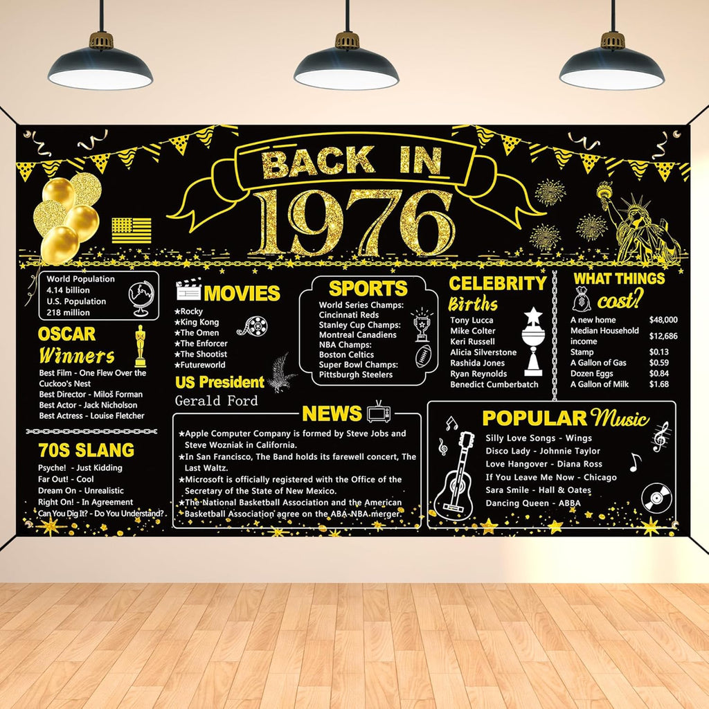 DARUNAXY 50th Birthday Black Gold Party Decoration, Back in 1976 Banner 50 Year Old Birthday Party Poster Supplies Vintage 1976 Backdrop Photography Background for Men & Women 50th Class Reunion Decor
