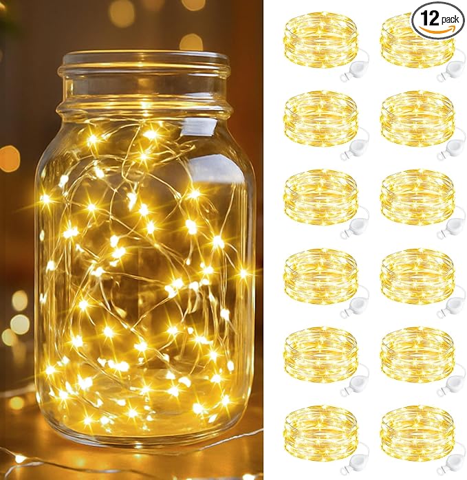 btfarm 12 Pack Fairy Lights Battery Operated, 7FT 20 LED Mini String Lights Waterproof Silver Wire for Mason Jars Centerpiece Table Crafts Bedroom Christmas Decoration, Warm White