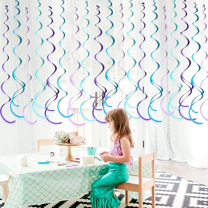 36 Pcs Mermaid Hanging Swirl Decorations Teal Purple Felt Swirl Streamer Spiral Ceiling Decorations Garland for Little Mermaid Under The Sea Birthday Wedding Bridal Shower Baby Shower Party Supplies