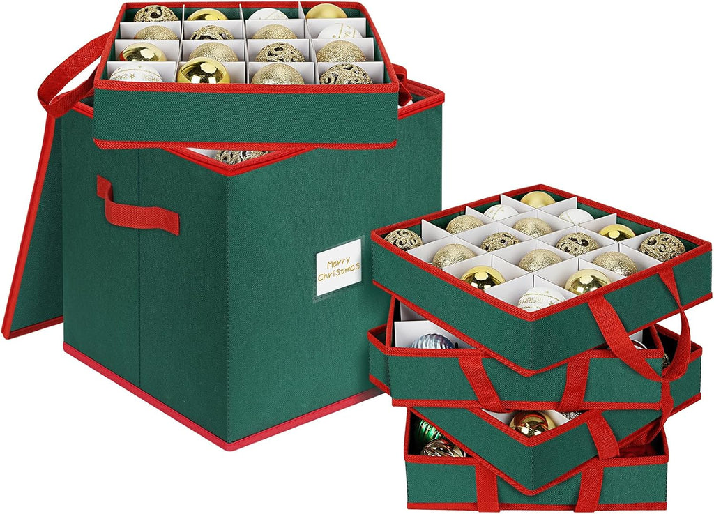 Christmas Ornament Storage Box Stores 64 Ornaments, with Adjustable Dividers, 4 Removable Trays, Dual Zippers, Non-Woven Christmas Ornament Organizer Holder, Christmas Ball Storage Container