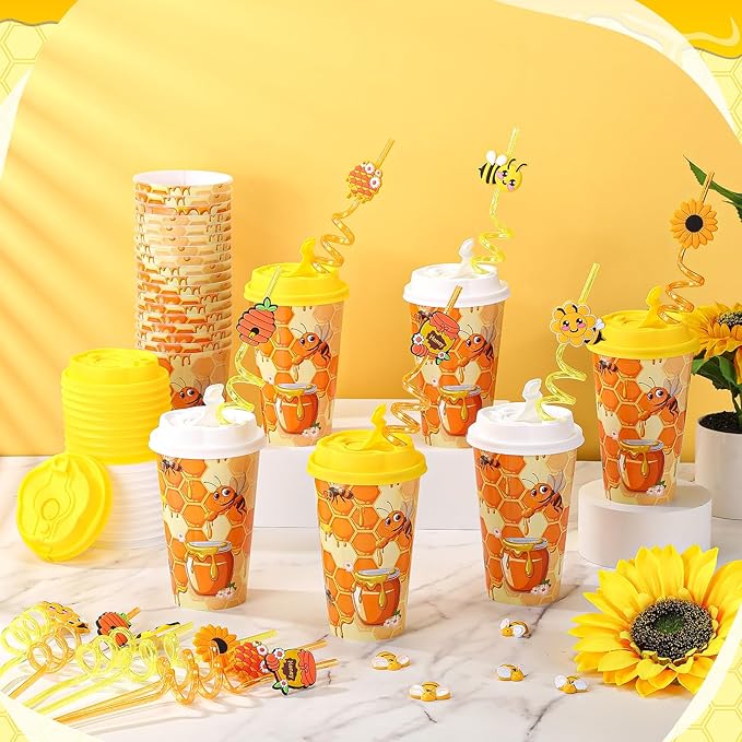 Yungyan 36 Sets Honey Bee Party Favors Goodie Cups with Lids and Straws for Birthday Decorations Reusable 16oz Plastic Candy Cups Plastic Straws for Birthday Party(Bee)