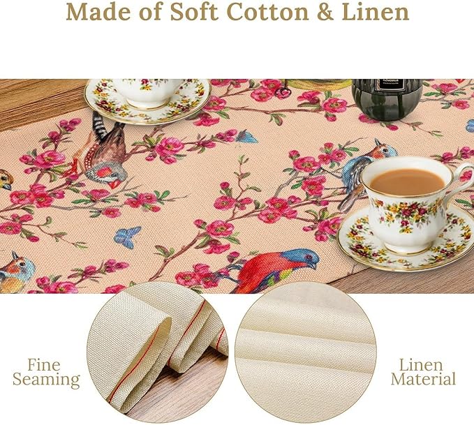Floral Butterfly Table Runner Seasonal Spring Flower Bird Table Decoration Table Runner for Home Party Decoration 13x36 Inch