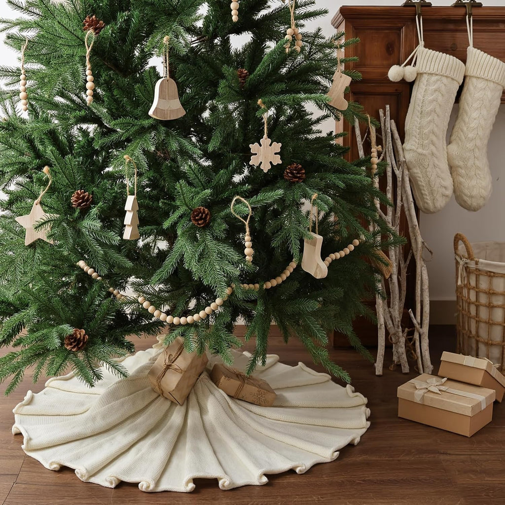 36 inch Christmas Tree Skirt: Pencil Tree Skirt for 6ft Tree, Pleated Design Knit Cream White Small Tree Skirt, Vintage Tree Skirts, Rustic Farmhouse Christmas Decorations