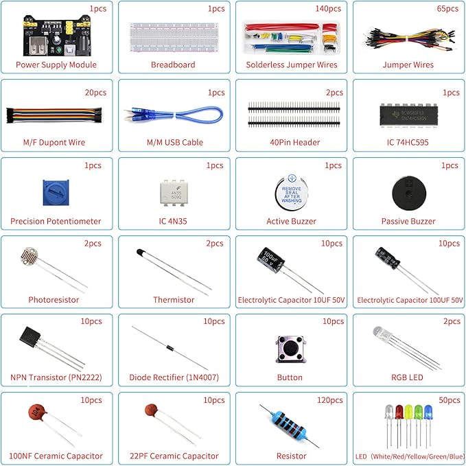 REXQualis Electronics Component Fun Kit w/Power Supply Module, Jumper Wire, 830 tie-Points Breadboard, Precision Potentiometer,Resistor Compatible with Arduino, Raspberry Pi, STM32