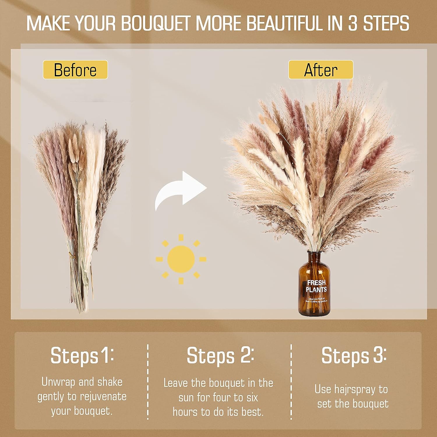 N&T NETING Dried Pampas Grass Decor- White Pampas Grass, Brown Pampas, Bunny Tail, Reed, Fluffy Dried Pompas Grass Flower for Home Wedding Table Vase Boho Modern Decor, 75Pcs