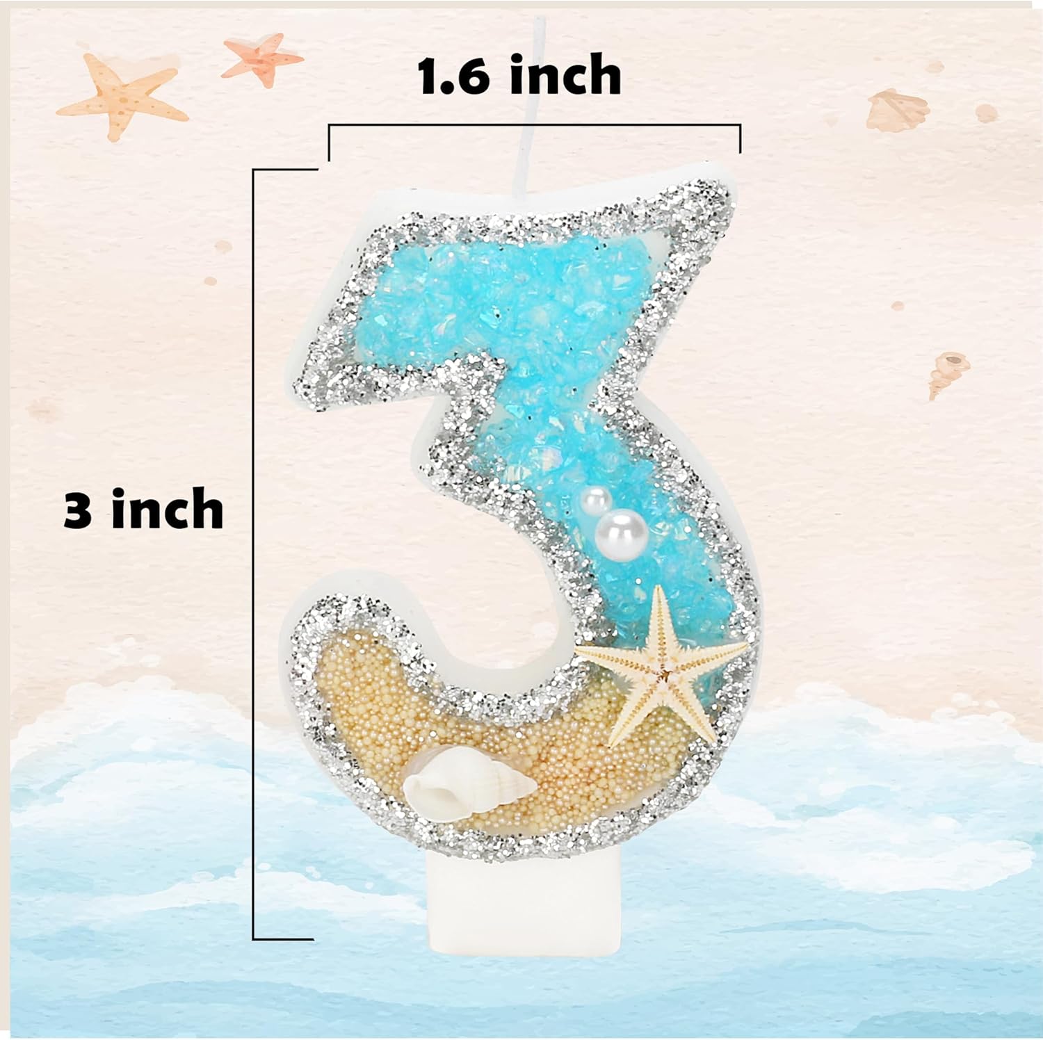 3rd Birthday Candle for Cake, Beach Starfish Sequins Candles, 2.76 inch Cake Topper Decoration for Birthday Party (Number 3)