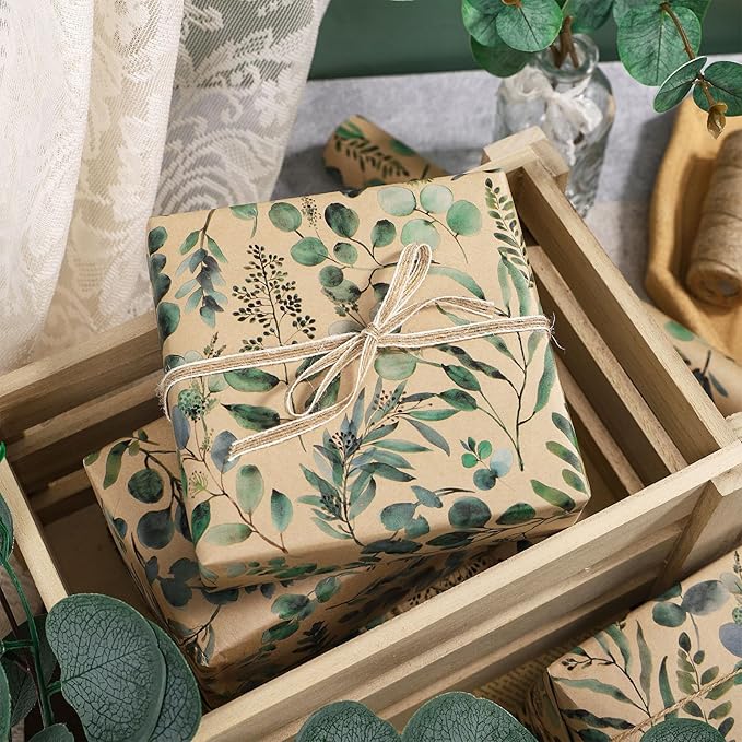 RUSPEPA Wedding Wrapping Paper, 17 in x 16.4 ft, Mini Roll, Eucalyptus Leaf Gift Wrap Paper, Green Flower Kraft Wrapping Paper for Women, Spring, Summer and Birthday