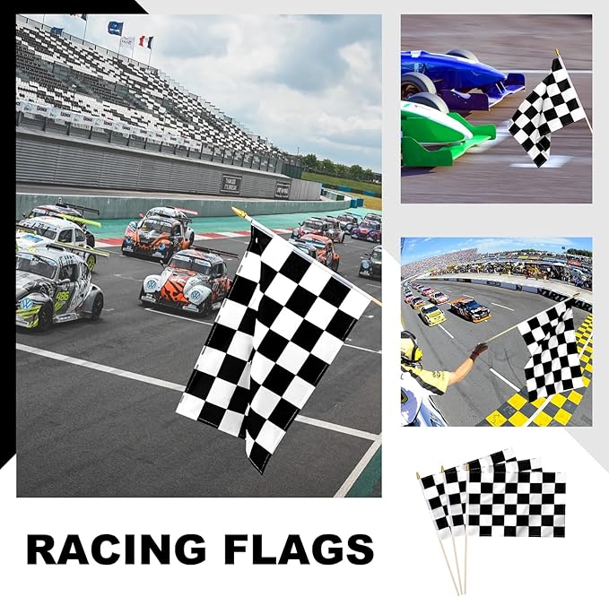 12 Pack Checkered Small Stick Flag 12x18 Inch Black and White Racing Hand Held Race Car Flags Decorations