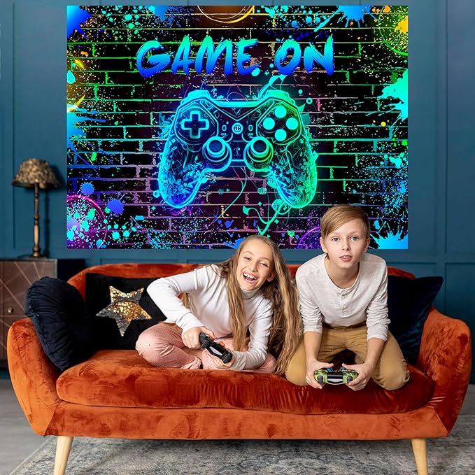 Mocsicka Game On Backdrop Video Game for Boys Level Up Birthday Party Decoration Game Night Arcade Neon Glow Gamer Banner Photography Background (Blue, 8x6ft(96"x72"))