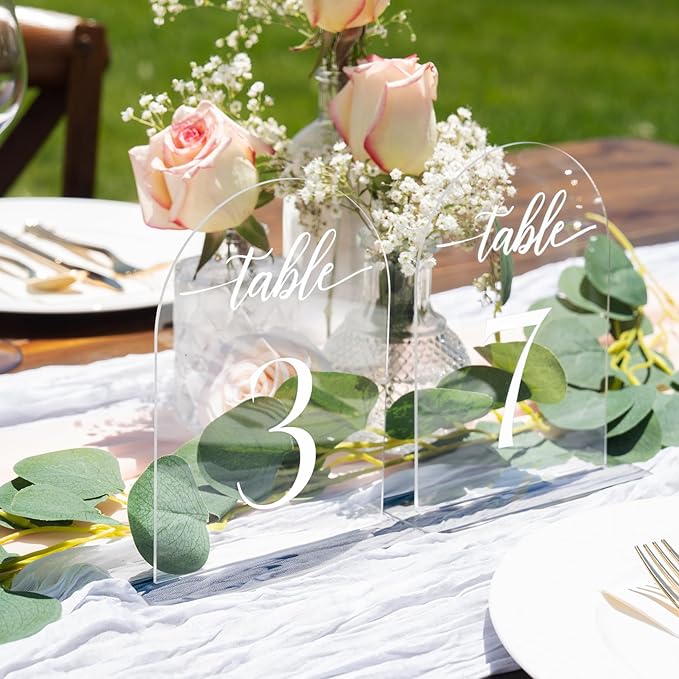 Clear Arch Acrylic Table Numbers for Wedding Reception - 5" x 7" White Font Centerpiece Set with Holder Stands & Head Table Sign - Anniversary, Event, Party, Wedding set 1-20