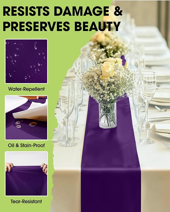 Pureegg Purple Plastic Table Runners - 10 Pack, 14'' x 108'', Water Resistant & Disposable Centerpiece Decorations for Table Cloth, Wedding, Birthday, Holiday, Baby Shower, Party, Home Decor