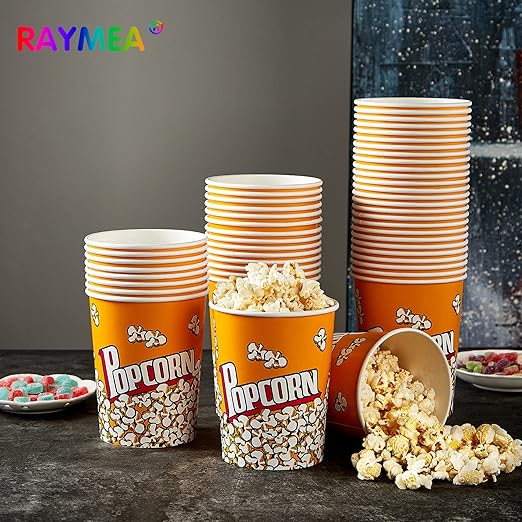 RAYMEA Popcorn Buckets Disposable 32oz Retro Style Paper Leak Proof Popcorn Containers Bowls for Family Movie Night & Party - 10 Pack