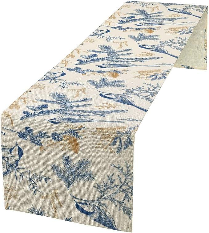 Floral Table Runner,Sketch Birds and Flowers Summer Table Runner Kitchen Dining Table Decoration for Home Party Decor 13x60 Inch