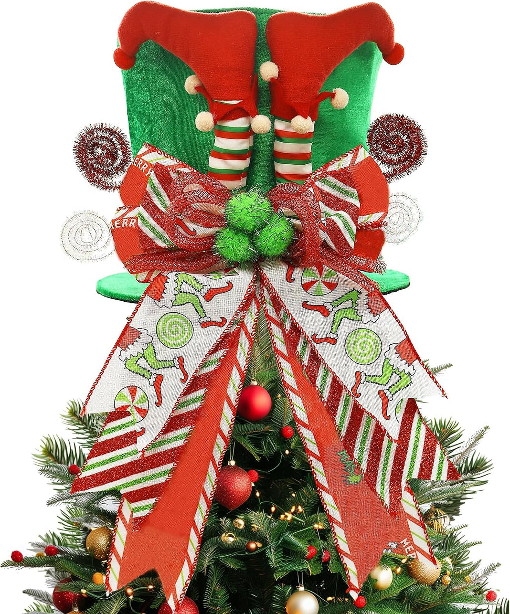 Christmas Tree Topper Hat with Bow, Velvet Top Hat Ornament with Elf Legs and Red & Green Wired Bows, Winter Holidays Xmas Decor for Home Decoration (Green)