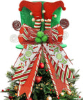 Christmas Tree Topper Hat with Bow, Velvet Top Hat Ornament with Elf Legs and Red & Green Wired Bows, Winter Holidays Xmas Decor for Home Decoration (Green)