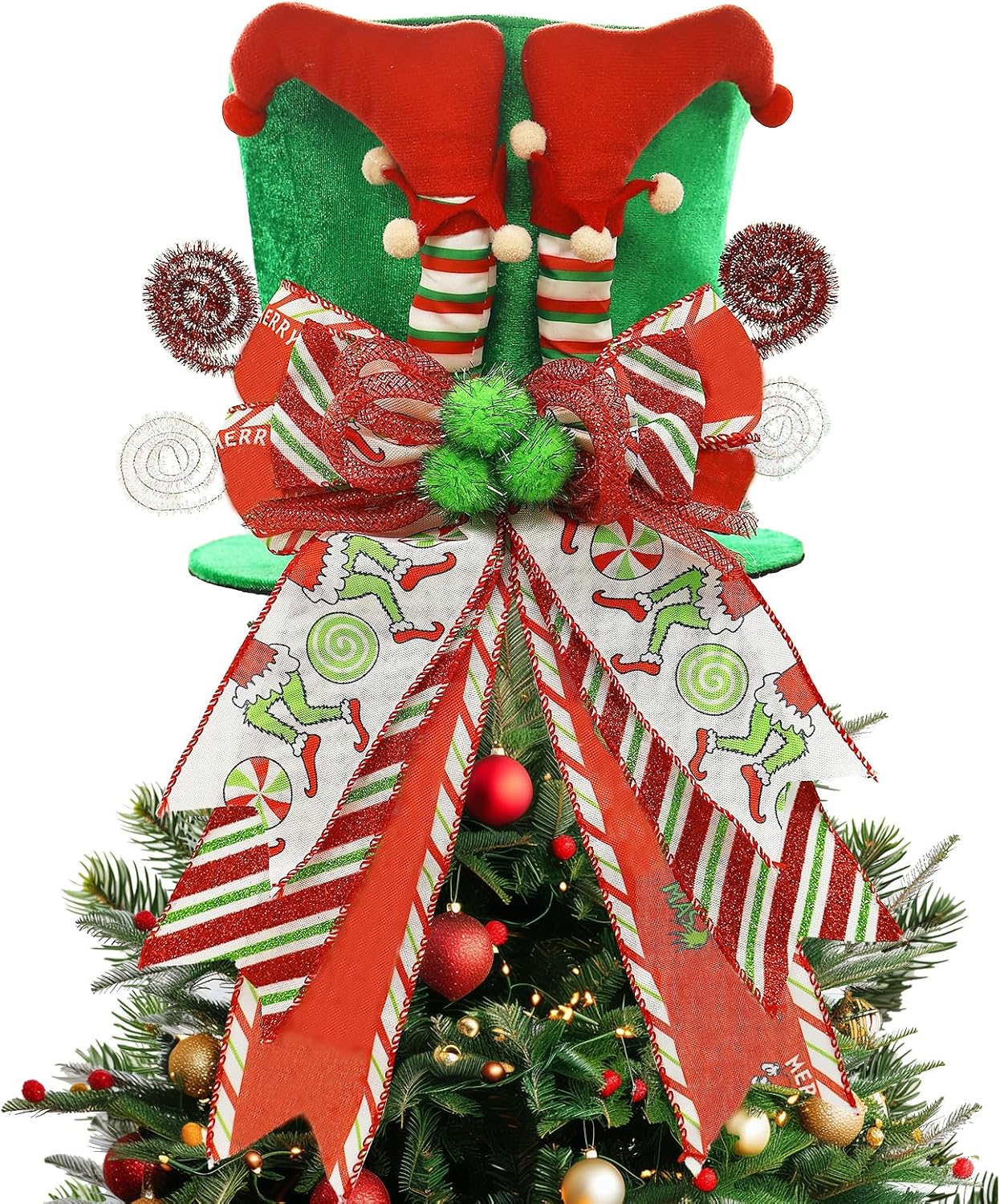 Christmas Tree Topper Hat with Bow, Velvet Top Hat Ornament with Elf Legs and Red & Green Wired Bows, Winter Holidays Xmas Decor for Home Decoration (Green)
