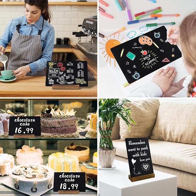 3 Pack Small Chalkboard Signs With Stand, 8x5'' Table Top Sign With Wooden Base, Double-Sided Mini Boards for Food Messages, Restaurant, Bar, Party, Store Decoration