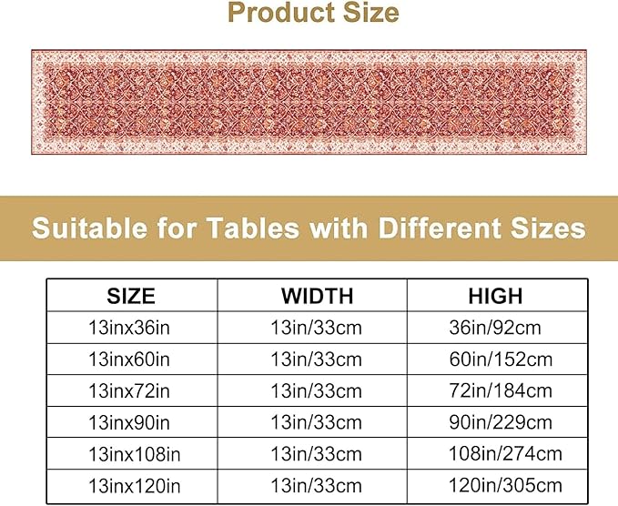Boho Floral Vintage Table Runner, Retro Red Flower Rustic Country Farmhouse Abstract Pattern for Home Kitchen Table Decor Dining Coffee Room Party Decor 13x108in