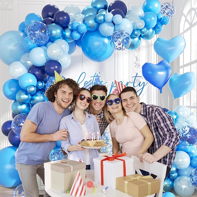 Blue Balloon and Metallic Blue Balloons Garland Arch Kit,160PCS Navy Pastel Pearl Blue Balloons with Heart Foil Balloon for Birthday Baby Shower Party Anniversary Decoration
