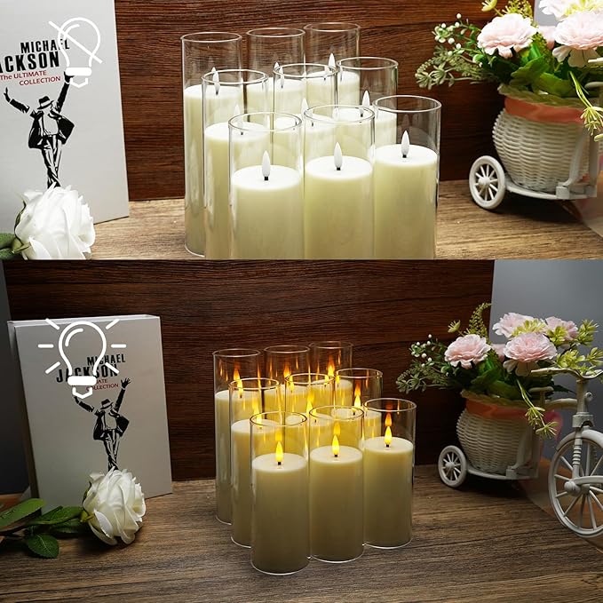 Flickering Flameless Candles Battery Operated with Remote and 2/4/6/8 H Timer Plexiglass Led Pillar Candles Pack of 9 (D2.3"xH 6"7"8")with Realistic Moving Wick Candles for Home Decor(Ivory)