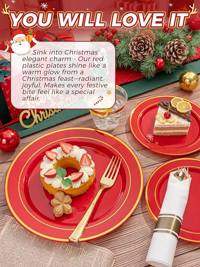 175 Pieces Christmas Plastic Plates - Red Plastic Plates with Gold Rim Include 25 Dinner Plate 10”, 25 Dessert Plate 7”, 25 gold Cups 9 OZ, 25 Pre Rolled Napkins for Christmas/Party