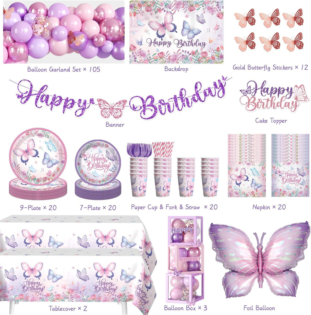 butterfly birthday decorations complete party set, butterfly theme shown in use