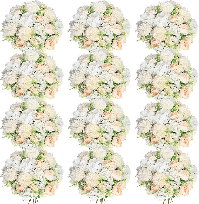 Tigeen Artificial Flowers Artificial Peonies Silk Flowers Faux Peony Fake Peony Silk Hydrangea Bouquet for Wedding Table Centerpiece Floral Vase Decor(Champagne White,12 Bundles)