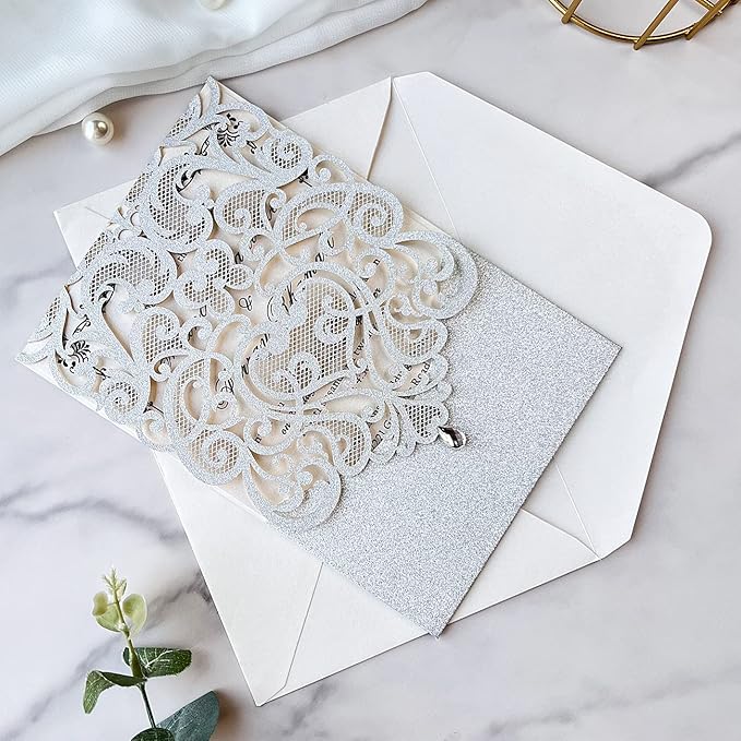 Hosmsua 5.12 x 7.3 Inch 50pcs Silver Laser Cut Lace Flora Wedding Invitation Cards with Rhinestone and Envelopes Customized Printed Invitations for Bridal Shower Quinceañera Wedding Invite