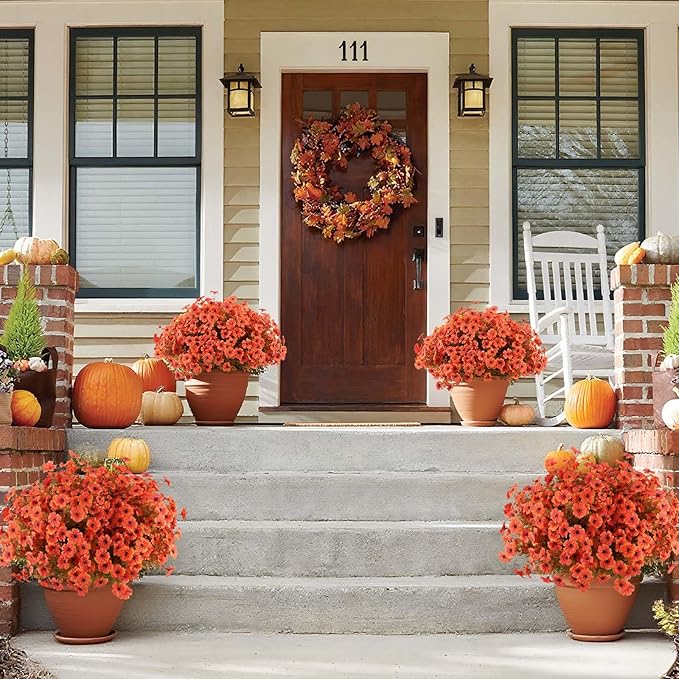 Hananona 18 Pcs Artificial Mum Flowers for Outdoors, Faux Fall Mums Silk Flower for Outside, Fake Orange Flowers for Fall Patio Front Door Planter Autumn Halloween Home Decorations (18, Orange)