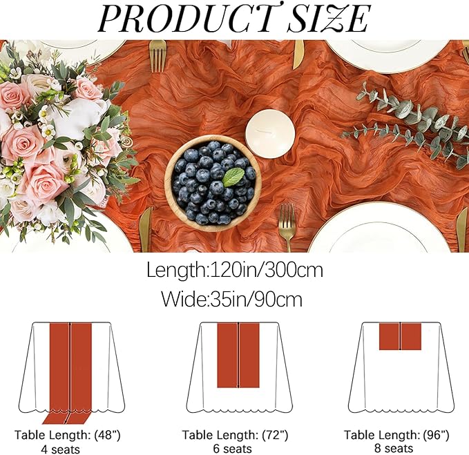 16PCS Orange Cheesecloth Table Runner - 10FT x 35x120Inch Boho Gauze Cheese Cloth Table Runner for Wedding Party, Baby Bridal Shower Table Decor