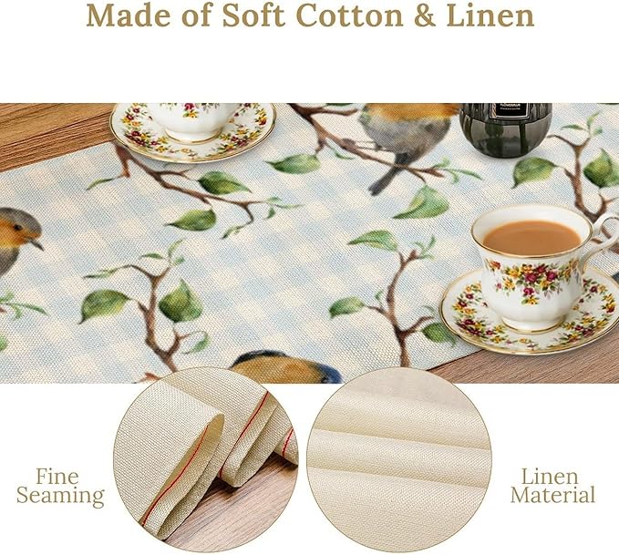 Bird Table Runner,Spring Birds Tree Blue Plaid Print Table Runner for Kitchen Dining Table Decoration Home Party Decor 13x60 Inch