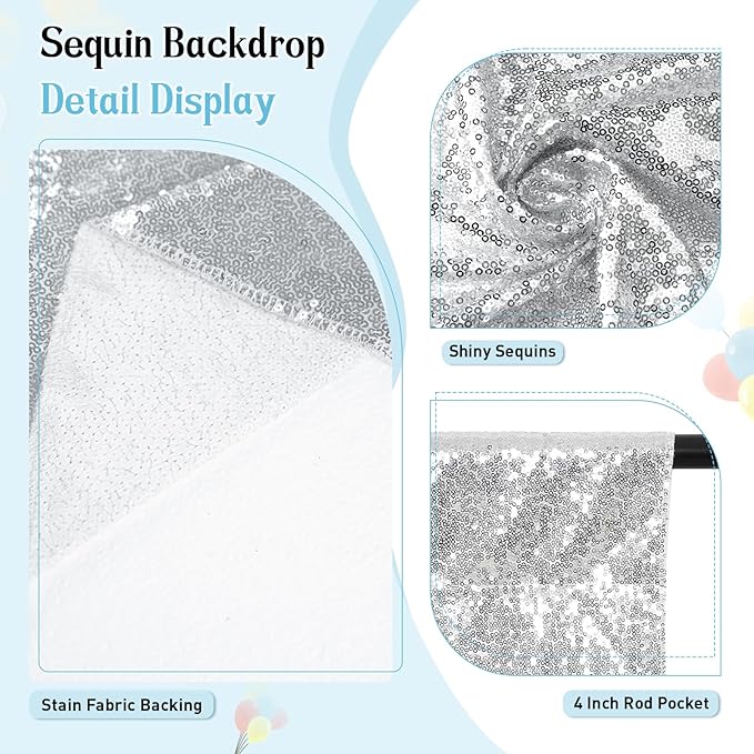 SquarePie Sequin Backdrop Not See Through Thick Background Glitter Curtain Party 7FT x 7FT Silver