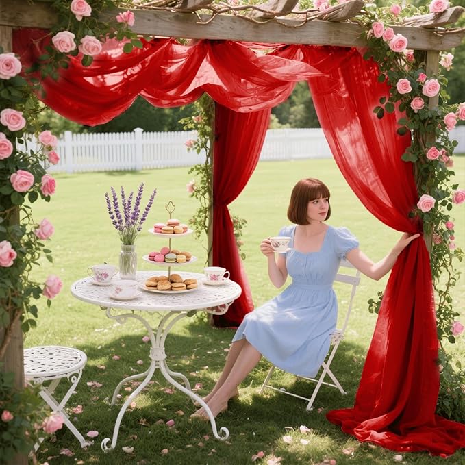 Wedding Arch Draping Fabric 29" x 18 FT Red Sheer Chiffon Outdoor Curtain Drapes for Wedding Birthday Party Ceremony Decor(2 Panels, Red)