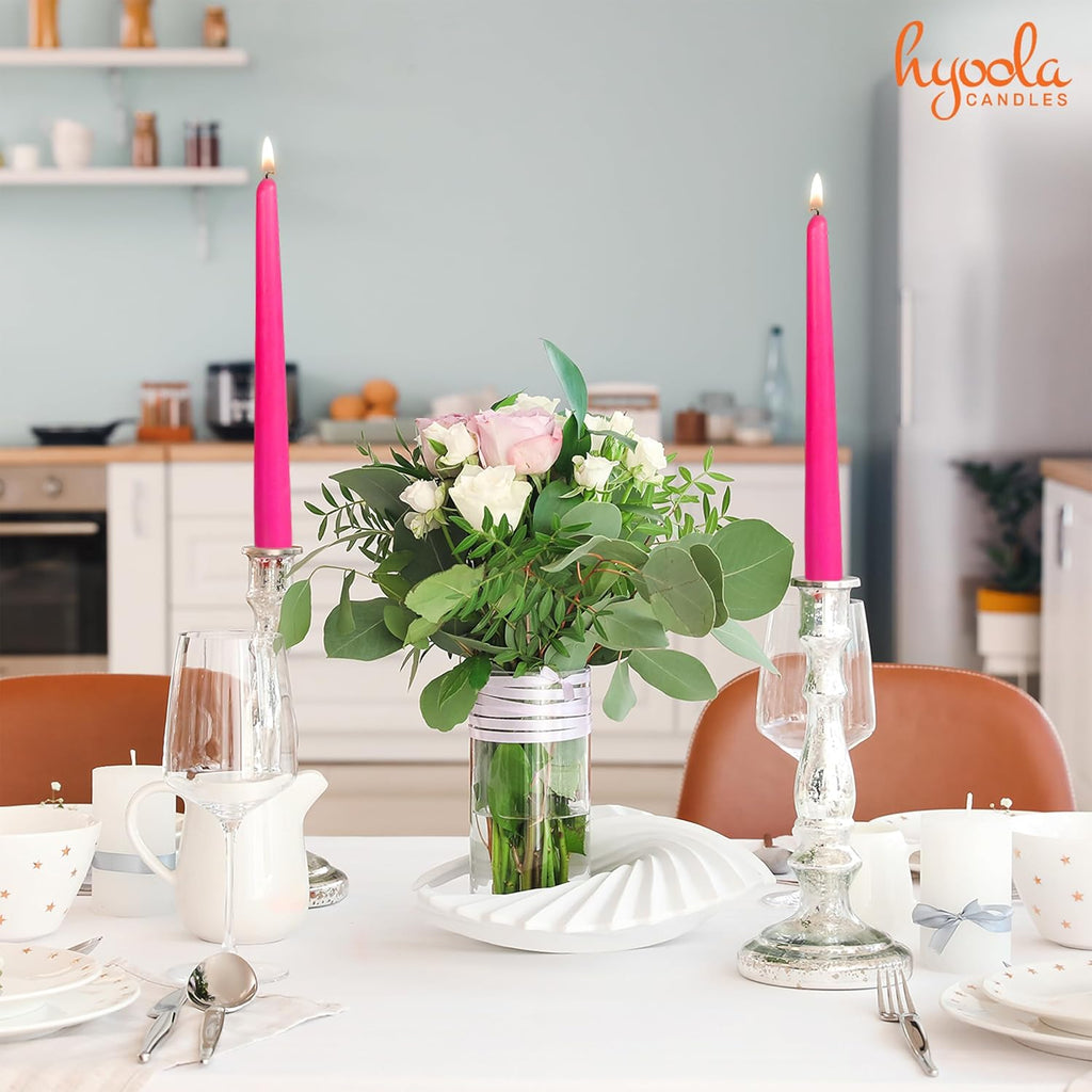 Hyoola Tall Taper Candles - 10 Inch Hot Pink Fuchsia Unscented Dripless Taper Candles - 8 Hour Burn Time - 4 Pack