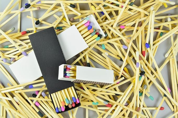 Chandler Studio 10 Boxes - Wooden Matchsticks in a Blank Matchbox with White/Black Matchboxes Colorful Tips (2" Matchboxes, 10 Boxes)