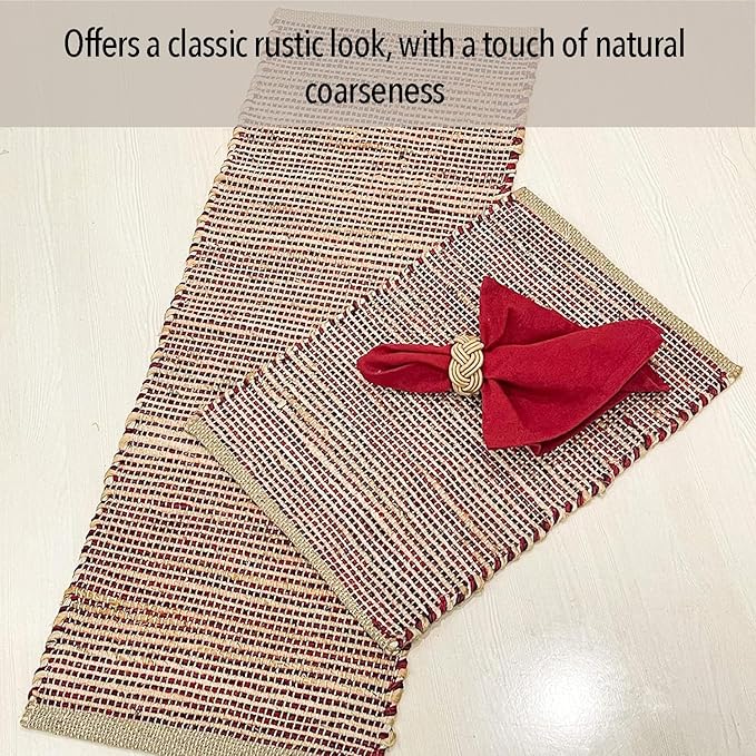 Chardin home Natural Jute Table Runner 13x48 Inch – Vintage Boho Rustic Table Decor – Handwoven Table Runner in Natural Jute and Red – Farmhouse Dining or Console Table Accent