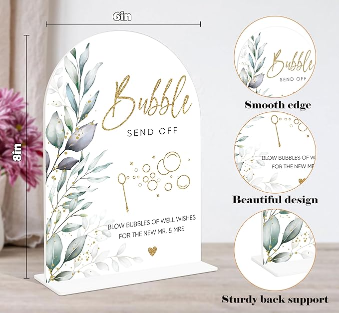 Acrylic Wedding Signs, Greenery Theme Bubbles Send Off Sign, Wedding Reception Signage, Bridal Shower Table Decor with Stand, Engagement, Anniversary, Newlywed Events and Parties Supplies, 14