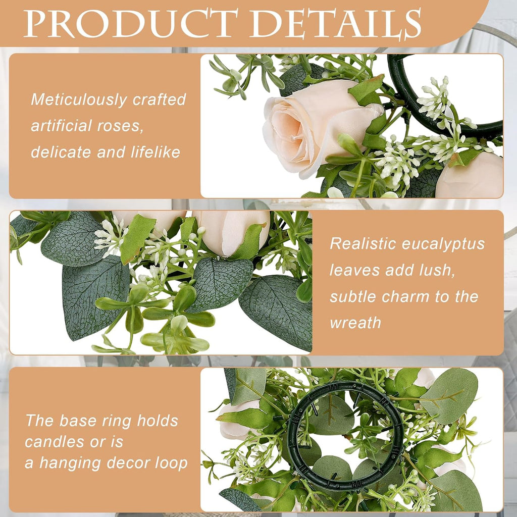 12 PCS Candle Rings with LED Flameless Candles, 3 Inch Artificial Rose Wreaths Eucalyptus Leaves for Table Centerpieces Home Wedding Party Decor, Champagne, 6 Sets