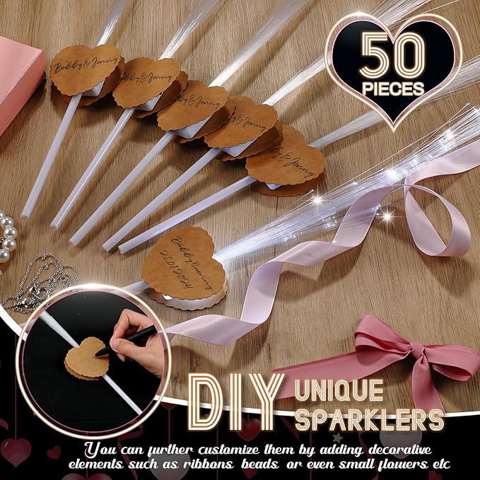 50 Pcs Wedding Sparklers Heart Shaped LED Glow Sticks Fiber Optic Wands Light up Wand with 3 Light Mode for Wedding Bridal Shower Birthday Glow in the Dark Party Supplies (Brown)